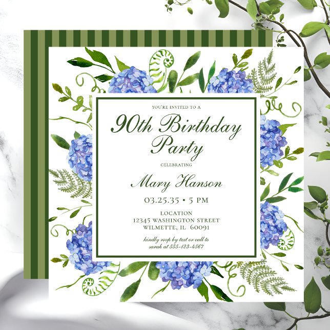 Invitación 90.º cumpleaños Hidrángulos azules acuarela floral (Subido por el creador)