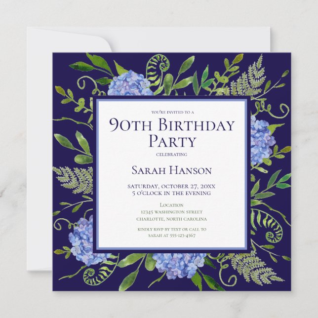 Invitación 90.º cumpleaños Hidrángulos azules acuarela floral (Anverso)