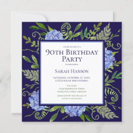 Invitación 90.º cumpleaños Hidrángulos azules acuarela floral