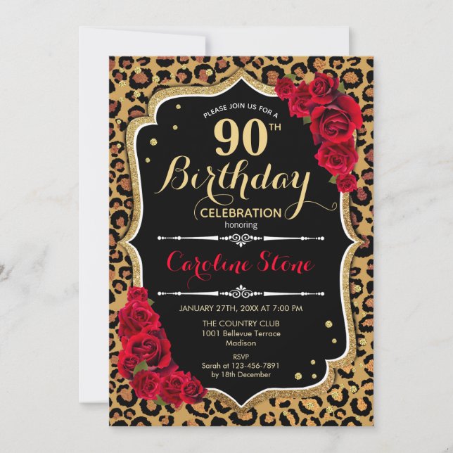 Invitación 90.º cumpleaños - Impresión de leopardo de las ros (Anverso)