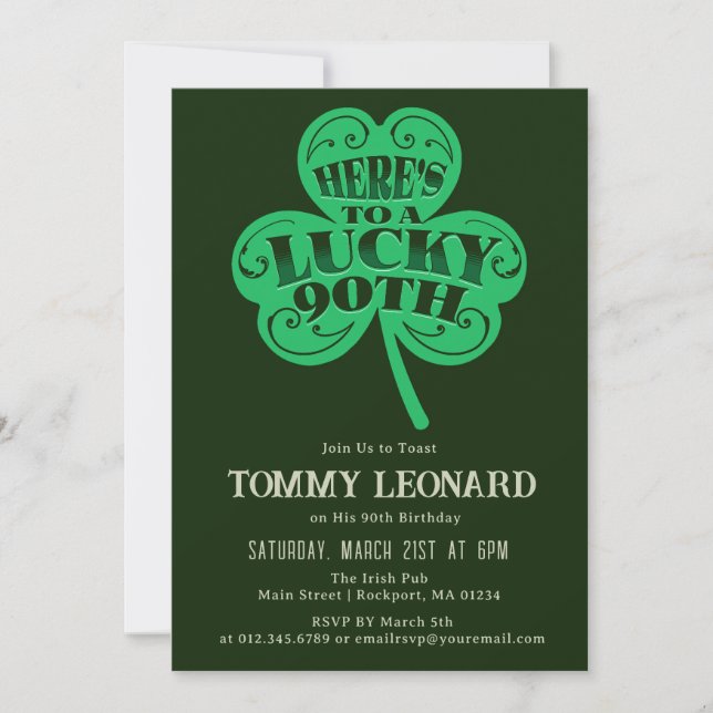 Invitación 90.º cumpleaños Lucky Shamrock Irish (Anverso)