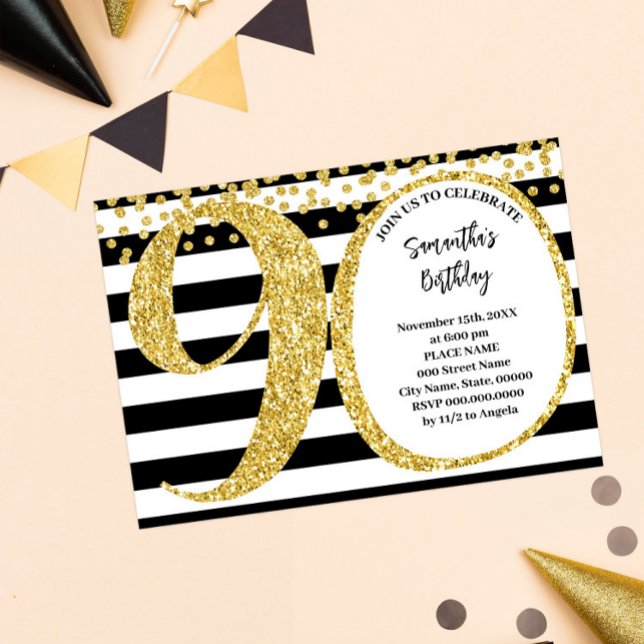 Invitación 90.º cumpleaños moderno de Purpurina de oro y blan (Subido por el creador)