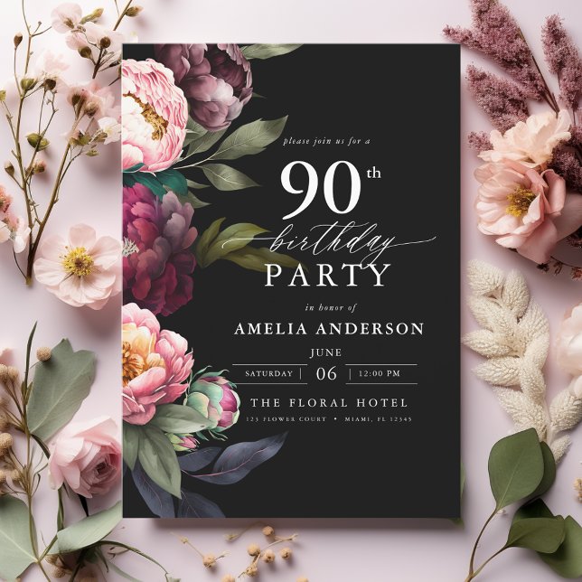 Invitación 90.º cumpleaños Moody Burgundy Rubor Floral (Subido por el creador)