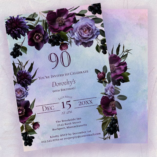 Invitación 90.º cumpleaños Moody Flor gótica morada (Subido por el creador)