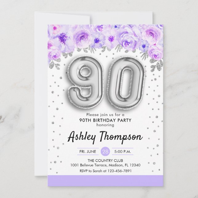 Invitación 90.º cumpleaños - Morado de globos plateados (Anverso)