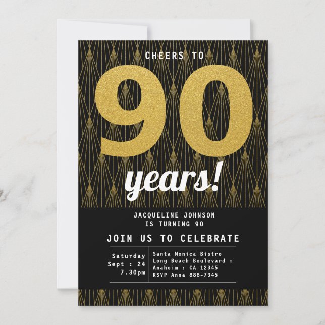Invitación 90.º Cumpleaños Negro Y Oro (Anverso)