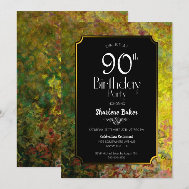 Invitación 90.º cumpleaños negro y oro (Anverso / Reverso)