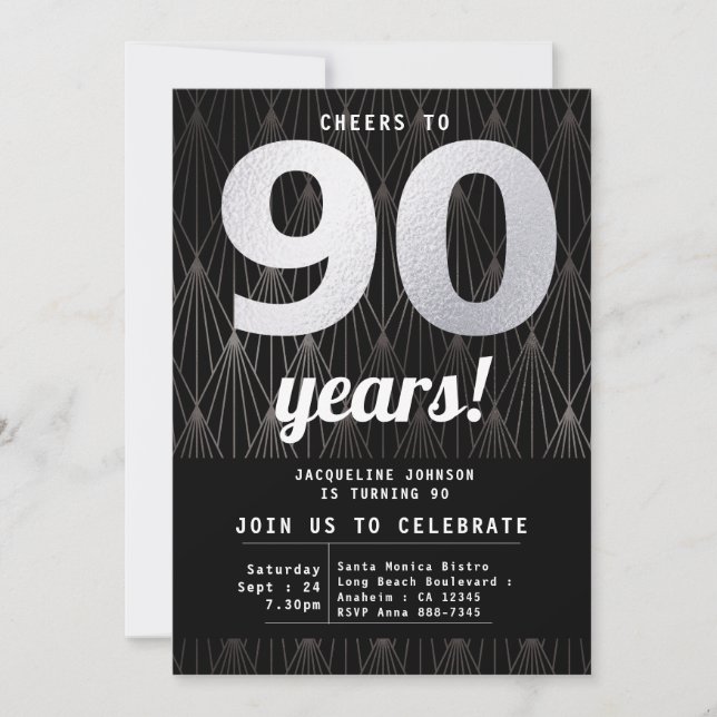 Invitación 90.º Cumpleaños Negro Y Plata (Anverso)