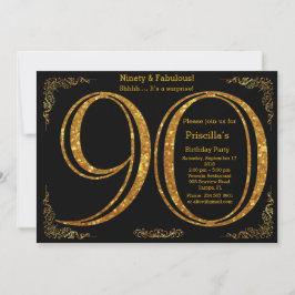 Invitación 90.º cumpleaños, noventa, gatsby, negro y oro