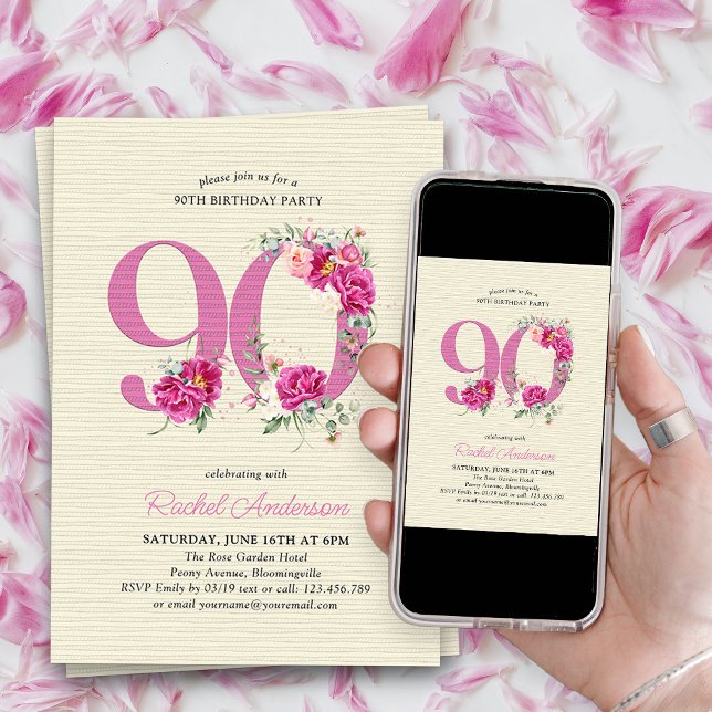 Invitación 90.º cumpleaños número 90 de flores de peonía rosa (90th Birthday Invitation with pink floral number 90 - elegant vintage design with roses and peonies)