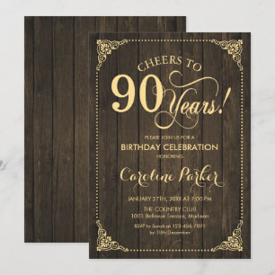Invitación 90.º cumpleaños - Oro de Madera Rústica