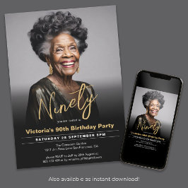 Invitación 90.º cumpleaños Oro Negro Mínimo moderno foto