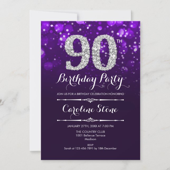 Invitación 90.º cumpleaños - Plata morada (Anverso)