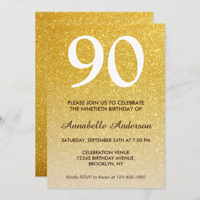 Invitación 90.º cumpleaños Purpurina de oro amarillo Sparkle  (Anverso / Reverso)