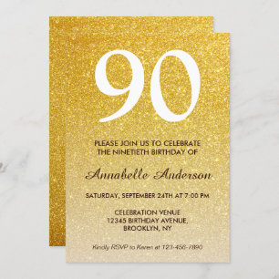 Invitación 90.º cumpleaños Purpurina de oro amarillo Sparkle 
