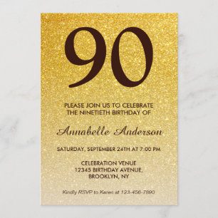 Invitación 90.º cumpleaños Purpurina de oro negro Sparkle Omb
