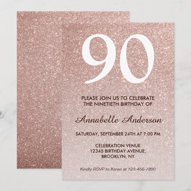 Invitación 90.º cumpleaños Purpurina de oro rosa Sparkle Ombr (Anverso / Reverso)