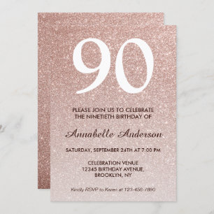 Invitación 90.º cumpleaños Purpurina de oro rosa Sparkle Ombr