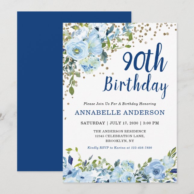 Invitación 90.º cumpleaños Purpurinas de oro azul de la Marin (Anverso / Reverso)