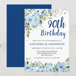 Invitación 90.º cumpleaños Purpurinas de oro azul de la Marin