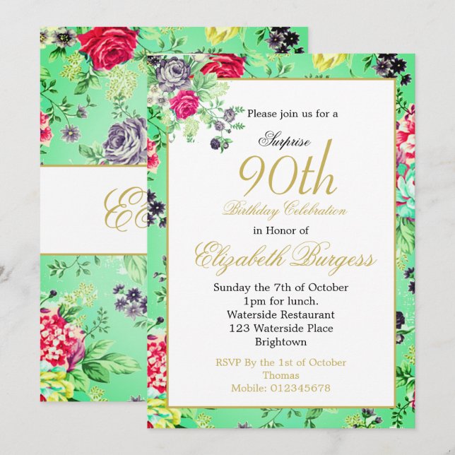 Invitación 90.º cumpleaños Rosa Floral Oro Monograma (Anverso / Reverso)