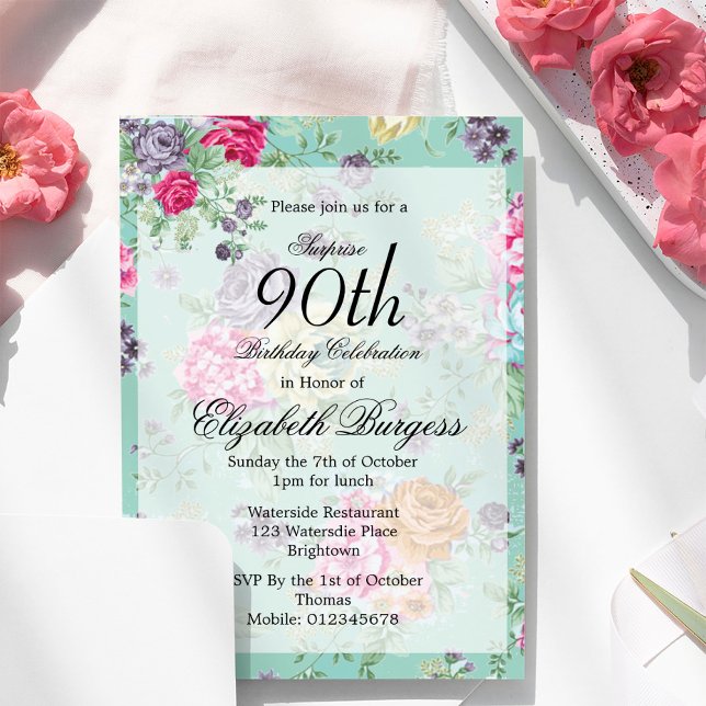 Invitación 90.º Cumpleaños Rosa Floral Personal (Subido por el creador)