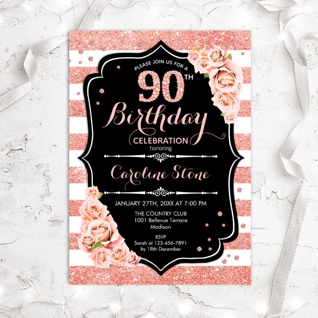 Invitación 90.º cumpleaños Rosa negro de oro y franjas blanca (Subido por el creador)