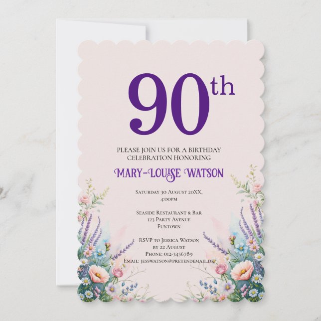 Invitación 90.º cumpleaños, rosa y morado floral (Anverso)