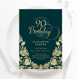 Invitación 90.º cumpleaños Rosas del oro verde esmeralda