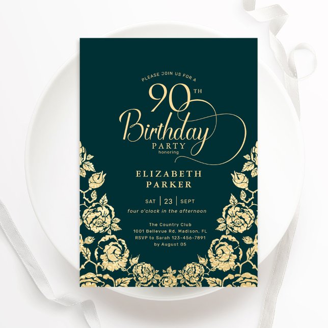 Invitación 90.º cumpleaños Rosas del oro verde esmeralda (Subido por el creador)