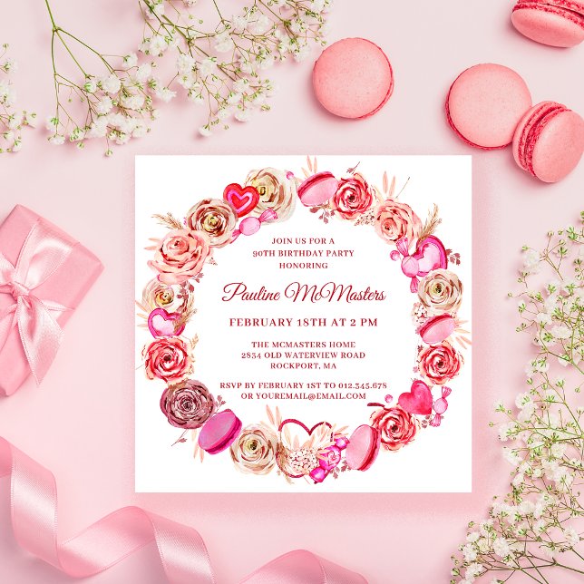 Invitación 90.º cumpleaños Rosas Rosa Rosa Swirly Heart Valen (Subido por el creador)