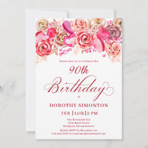Invitación 90.º cumpleaños San Valentín Corazón de Rosas Rosa