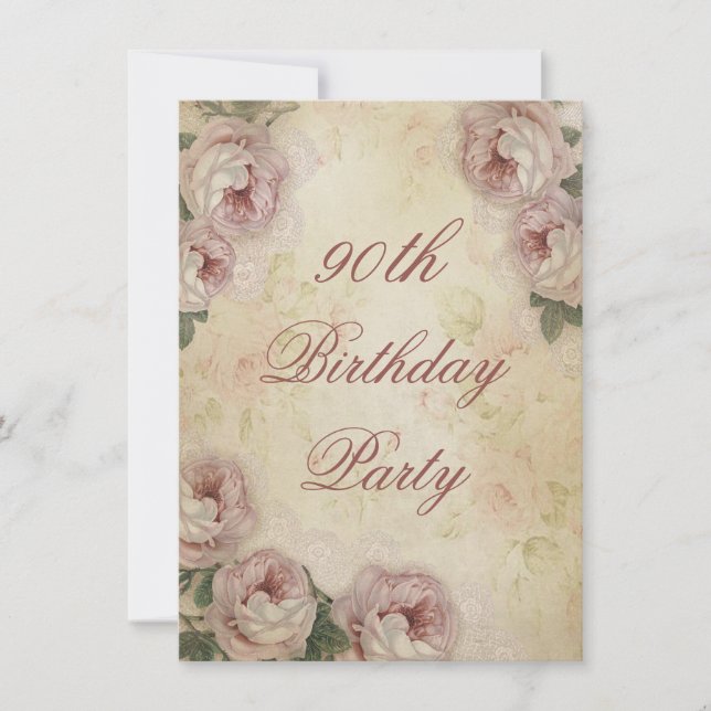 Invitación 90.º cumpleaños Shabby Chic Rosas y encaje (Anverso)