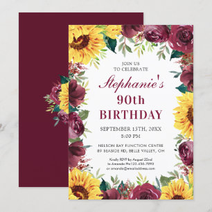 Invitación 90.º cumpleaños Sunflower Borgoña Rosa Frontera