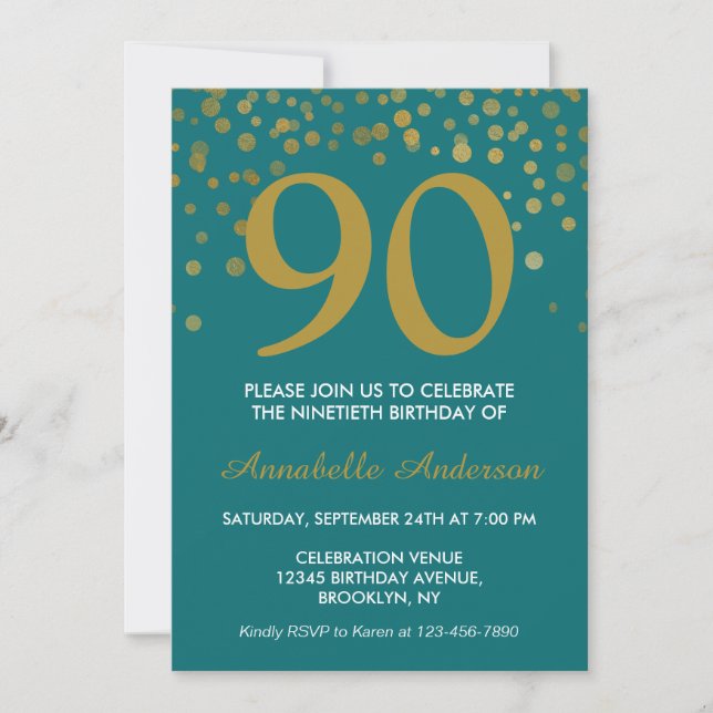 Invitación 90.º Cumpleaños Verde azulada Espuma de oro Confet (Anverso)