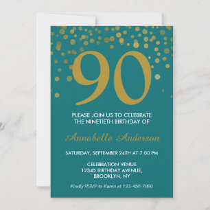 Invitación 90.º Cumpleaños Verde azulada Espuma de oro Confet