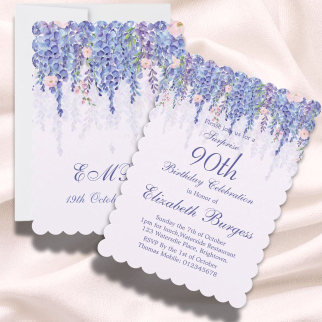 Invitación 90.º cumpleaños Wisteria Morada Floral Monograma (Subido por el creador)
