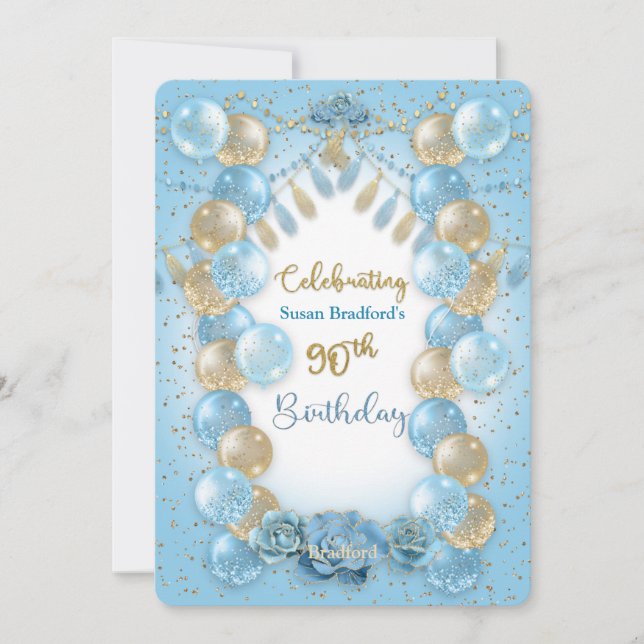 Invitación 90.º diseño de globos de oro azul para las damas d (Anverso)