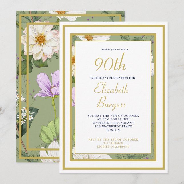 Invitación 90.º Dorado Verde Floral Elegante Cumpleaños Moder (Anverso / Reverso)