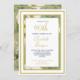 Invitación 90.º Dorado Verde Floral Elegante Cumpleaños Moder