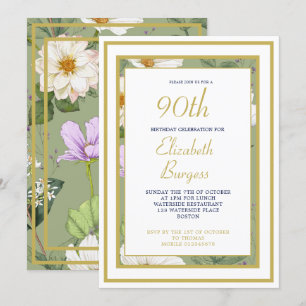 Invitación 90.º Dorado Verde Floral Elegante Cumpleaños Moder