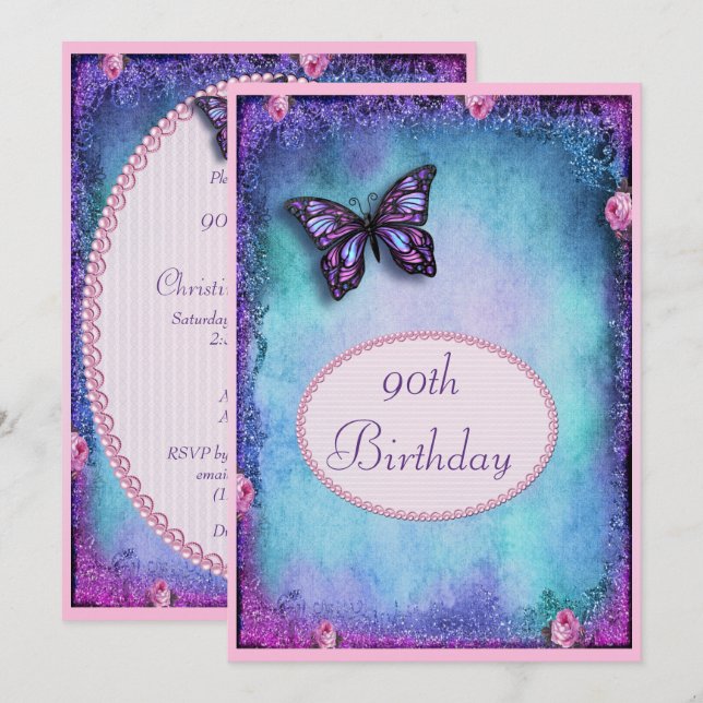 Invitación 90.º Faux Brillo, Mariposa, Rosas y Encaje (Anverso / Reverso)