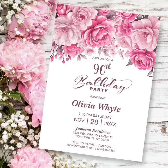 Invitación 90.º Fiesta de Floral Rosa Rosa Rosa de Cumpleaños (Subido por el creador)