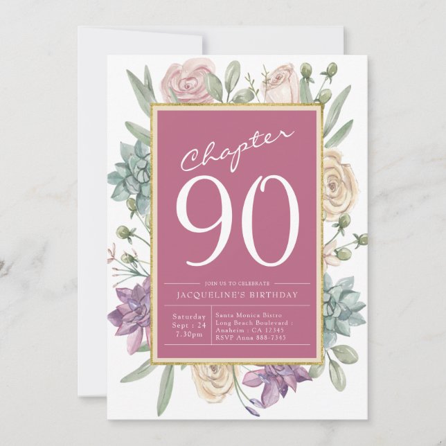 Invitación 90.º Fiesta de la sorpresa floral de cumpleaños (Anverso)