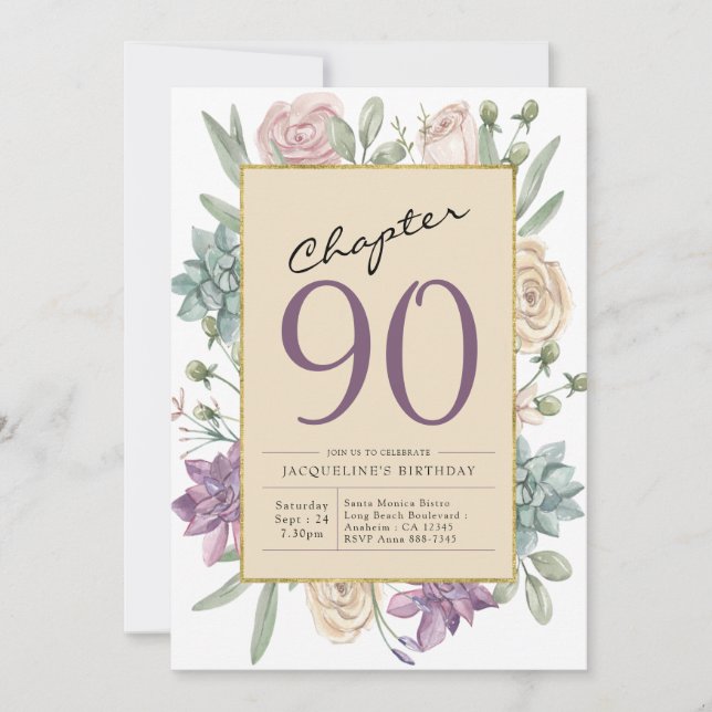 Invitación 90.º Fiesta de la sorpresa floral de cumpleaños (Anverso)