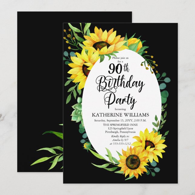 Invitación 90.º girasol de la fiesta de cumpleaños | Eucalypt (Anverso / Reverso)