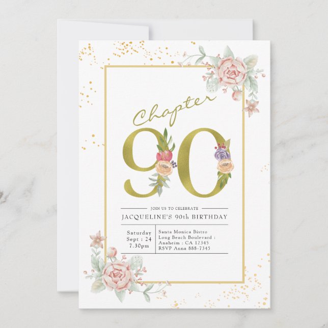 Invitación 90.º guión de oro floral de cumpleaños (Anverso)