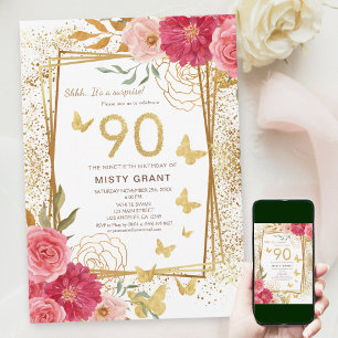 Invitación 90.º hito: Alegría rosa moderno a noventa años