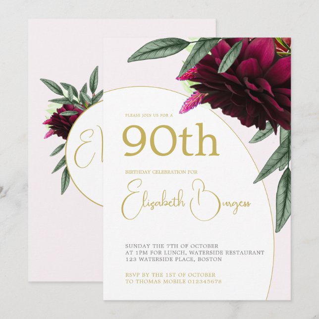 Invitación 90.º Monograma De Oro Floral De Cumpleaños Elegant (Anverso / Reverso)