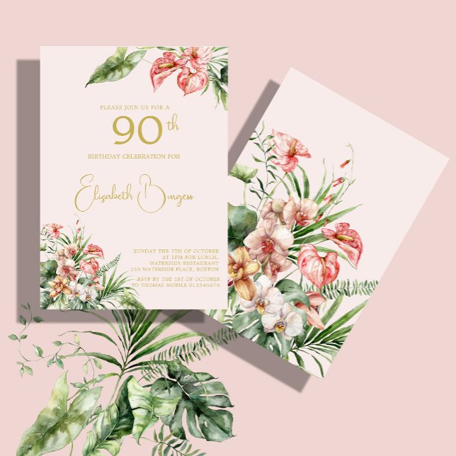 Invitación 90.º Nacimiento Acuarela Tropical Rosa Elegante (Subido por el creador)
